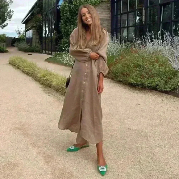 New Zara Linen Shirt Dress Camel New Buttons - Picture 1 of 15